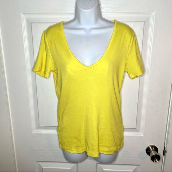 J.Crew Factory Yellow Fitted Short Sleeve Cotton T-Shirt Ribbed Deep VNeck M - Picture 2 of 10